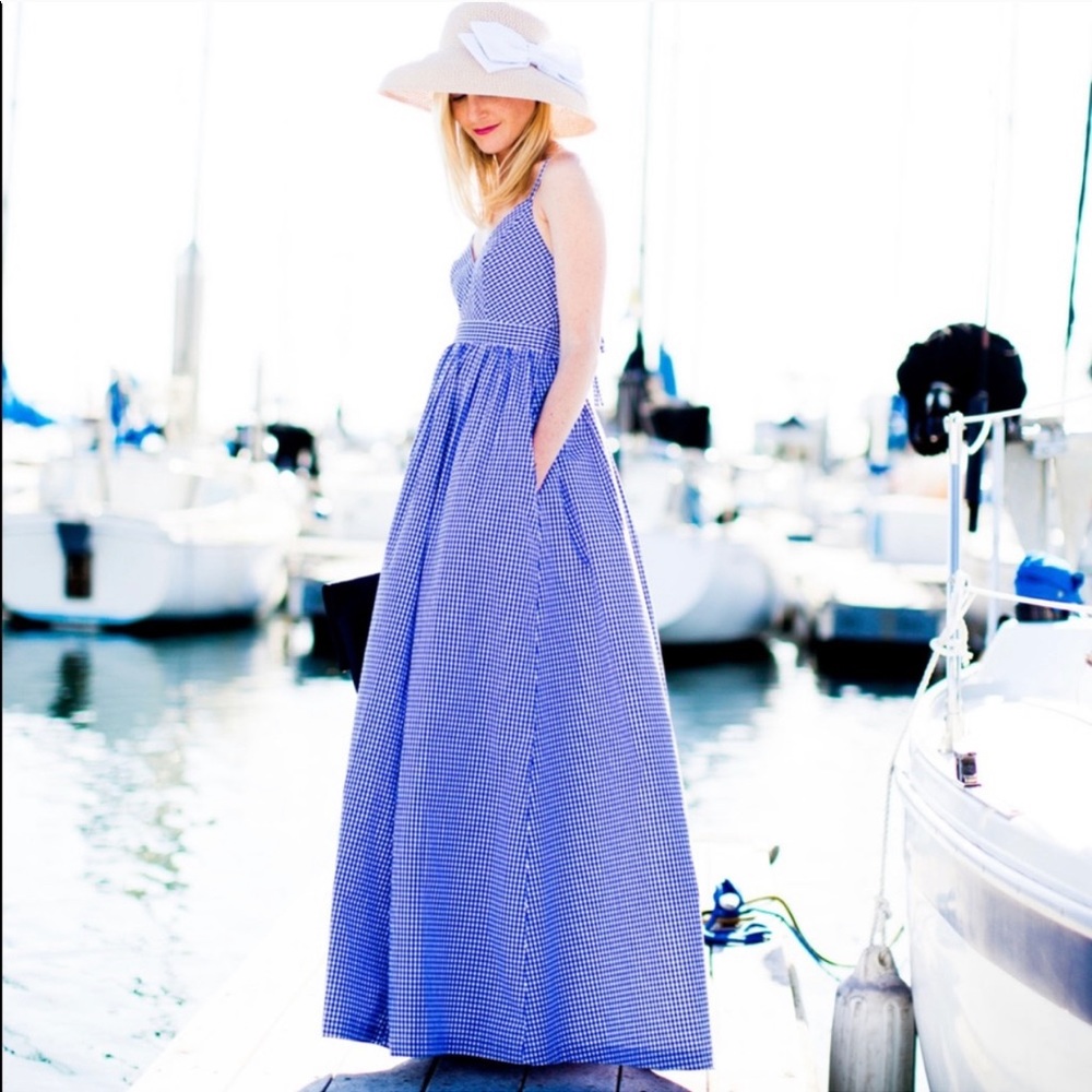 J. Crew Spaghetti Strap blue white Gingham Dress